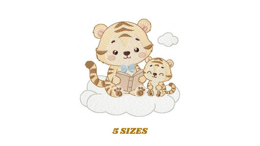 Tiger reading embroidery design - Wild Animal with cub machine embroidery pattern - Baby boy reading a book file - Instant download pes jef