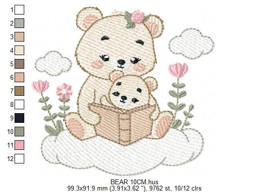 Reading Mother Bear embroidery designs - Teddy bear machine embroidery pattern - Bear with Baby Girl file - Instant download pes jef dst