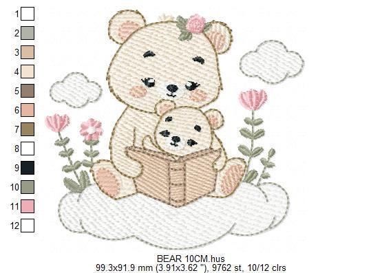 Reading Mother Bear embroidery designs - Teddy bear machine embroidery pattern - Bear with Baby Girl file - Instant download pes jef dst