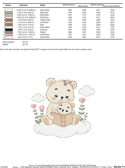 Reading Mother Bear embroidery designs - Teddy bear machine embroidery pattern - Bear with Baby Girl file - Instant download pes jef dst