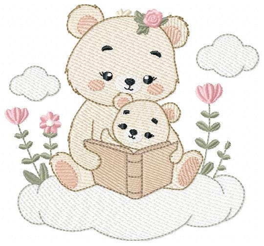 Reading Mother Bear embroidery designs - Teddy bear machine embroidery pattern - Bear with Baby Girl file - Instant download pes jef dst
