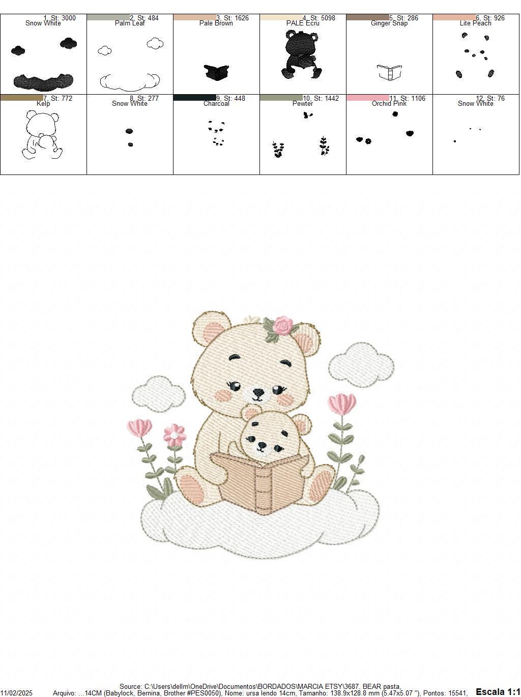 Reading Mother Bear embroidery designs - Teddy bear machine embroidery pattern - Bear with Baby Girl file - Instant download pes jef dst