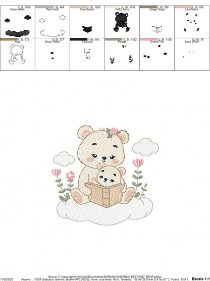 Reading Mother Bear embroidery designs - Teddy bear machine embroidery pattern - Bear with Baby Girl file - Instant download pes jef dst