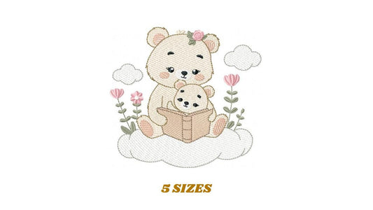 Reading Mother Bear embroidery designs - Teddy bear machine embroidery pattern - Bear with Baby Girl file - Instant download pes jef dst