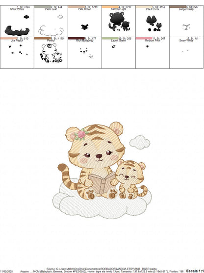 Female Tiger reading a book embroidery design - Wild Animal machine embroidery pattern - Baby girl file - Instant download pes jef dst hus