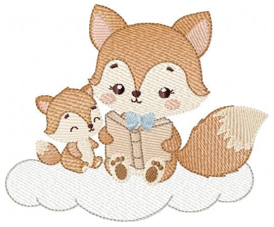 Fox reading embroidery designs - Red Fox with cub machine embroidery pattern - Baby boy reading file - Instant download pes jef dst hus vp3