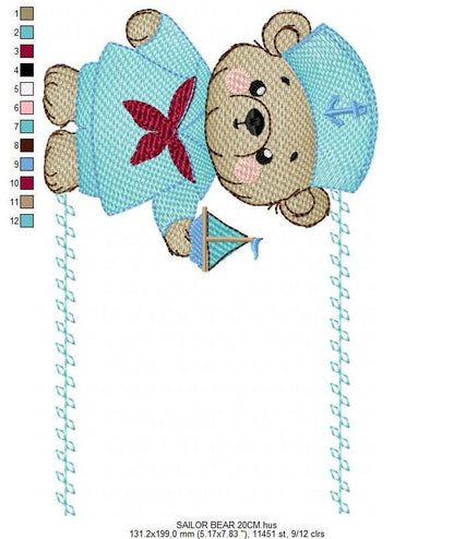 Sailor Teddy Bear embroidery designs - Baby boy Nautical Bear machine embroidery pattern - Bear with boat frame file - Instant download pes
