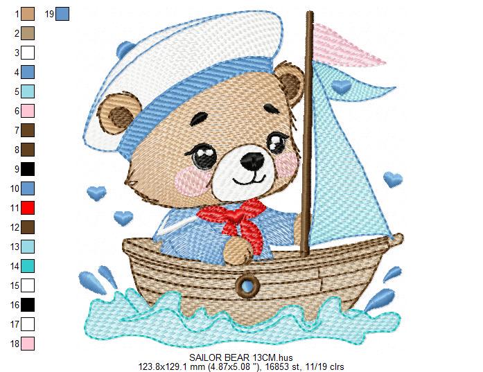 Nautical Teddy Bear embroidery designs - Baby boy Sailor bear with boat machine embroidery pattern - Boat embroidery file - Instant download