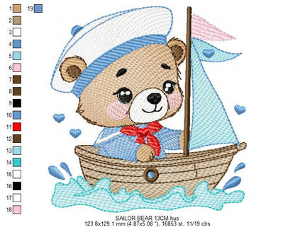 Nautical Teddy Bear embroidery designs - Baby boy Sailor bear with boat machine embroidery pattern - Boat embroidery file - Instant download