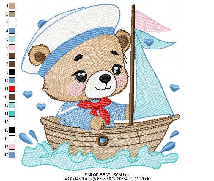 Nautical Teddy Bear embroidery designs - Baby boy Sailor bear with boat machine embroidery pattern - Boat embroidery file - Instant download