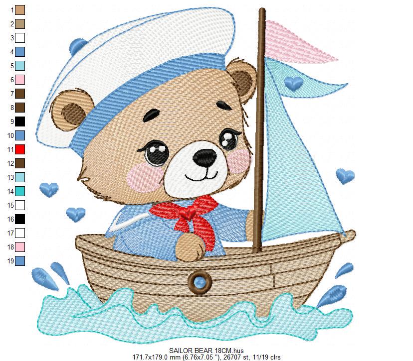 Nautical Teddy Bear embroidery designs - Baby boy Sailor bear with boat machine embroidery pattern - Boat embroidery file - Instant download
