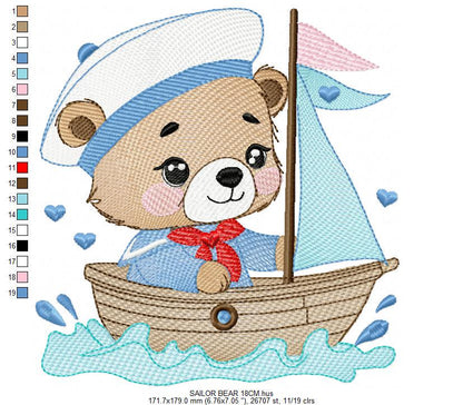 Nautical Teddy Bear embroidery designs - Baby boy Sailor bear with boat machine embroidery pattern - Boat embroidery file - Instant download