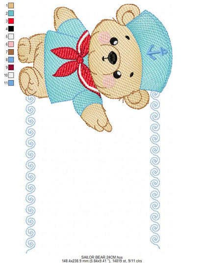 Sailor Teddy Bear embroidery designs - Baby boy Nautical Bear machine embroidery pattern - Bear with boat frame file - Instant download pes