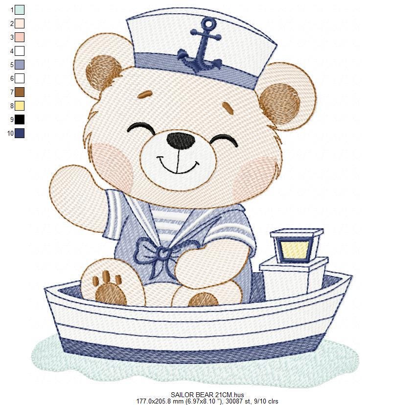Nautical Teddy Bear embroidery designs - Baby boy Sailor bear machine embroidery pattern - Ocean Boat file - Instant download pes jes dst