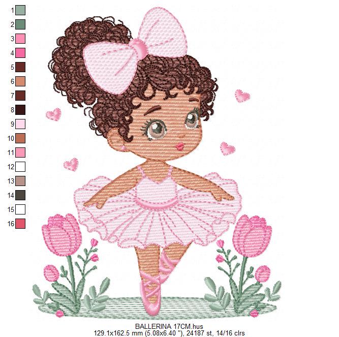 Ballerina embroidery designs - Ballet dancer with curly black hair machine embroidery pattern - Long Curly Hair Girl - Instant download pes