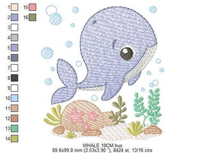 Whale embroidery designs - Fish Ocean Sea machine pattern - Whale stars shells algae bubbles - Instant digital download pes jef dst hus vp3
