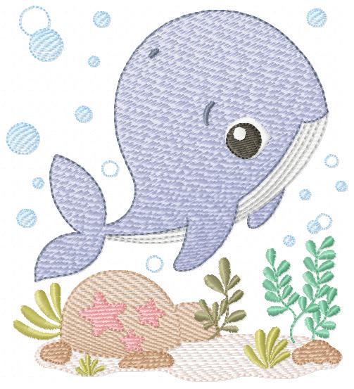 Whale embroidery designs - Fish Ocean Sea machine pattern - Whale stars shells algae bubbles - Instant digital download pes jef dst hus vp3