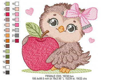 Owl with apple embroidery design - Baby Girl Bird with lace machine embroidery pattern - School Teacher file - Owl with - Instant download