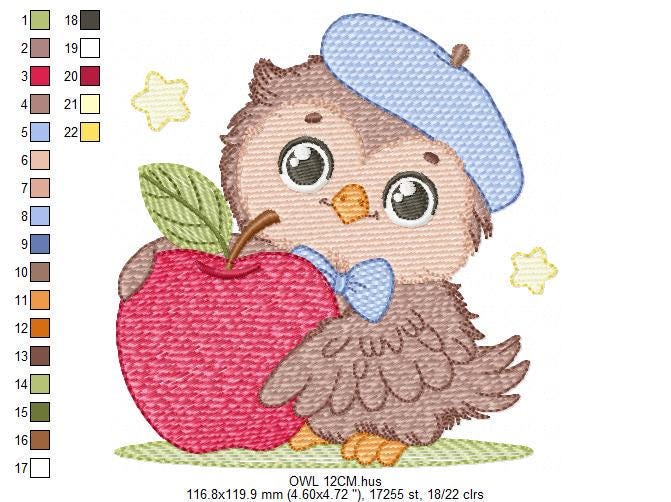 Owl with apple embroidery design - Baby Boy Bird with cap machine embroidery pattern - School Teacher file - Owl with - Instant download