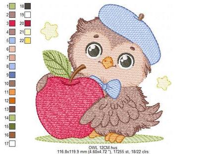 Owl with apple embroidery design - Baby Boy Bird with cap machine embroidery pattern - School Teacher file - Owl with - Instant download