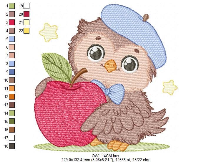 Owl with apple embroidery design - Baby Boy Bird with cap machine embroidery pattern - School Teacher file - Owl with - Instant download