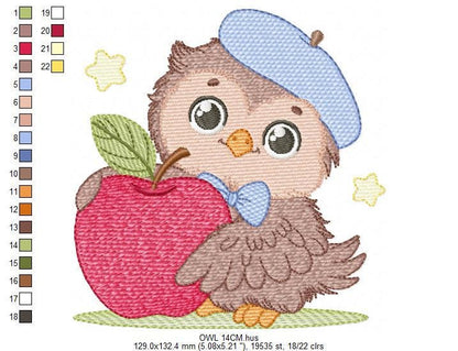 Owl with apple embroidery design - Baby Boy Bird with cap machine embroidery pattern - School Teacher file - Owl with - Instant download