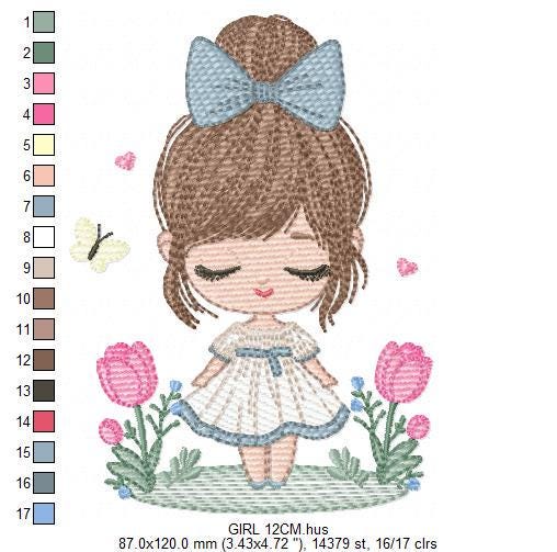 Girl embroidery designs - Baby girl with lace and flowers machine embroidery pattern - Girl with long hair - Instant download pes jef dst