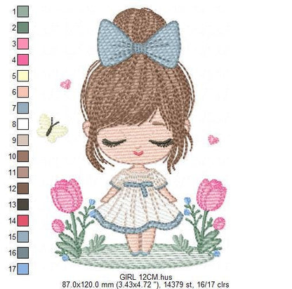 Girl embroidery designs - Baby girl with lace and flowers machine embroidery pattern - Girl with long hair - Instant download pes jef dst
