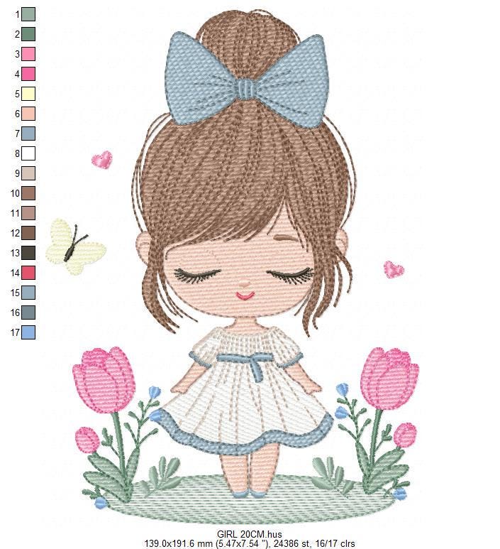 Girl embroidery designs - Baby girl with lace and flowers machine embroidery pattern - Girl with long hair - Instant download pes jef dst