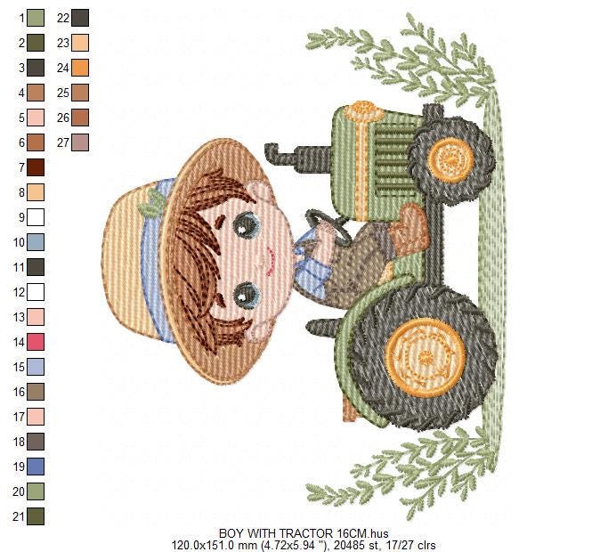 Boy with tractor embroidery designs - Baby Boy Farmer machine embroidery pattern - Tractor Child file - Instant download pes jef dst hus vp3
