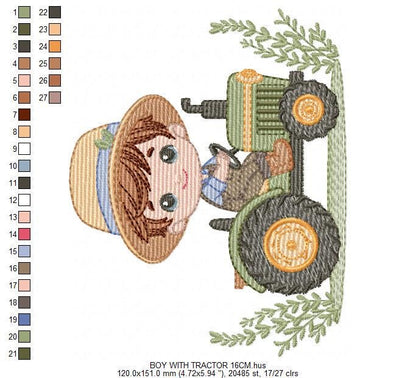 Boy with tractor embroidery designs - Baby Boy Farmer machine embroidery pattern - Tractor Child file - Instant download pes jef dst hus vp3