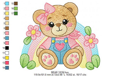 Bear with rainbow and flowers embroidery designs - Female Teddy Bear machine embroidery pattern - Baby Girl file - Instant download pes jef