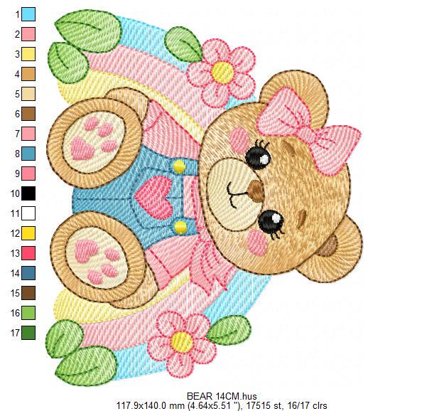 Bear with rainbow and flowers embroidery designs - Female Teddy Bear machine embroidery pattern - Baby Girl file - Instant download pes jef