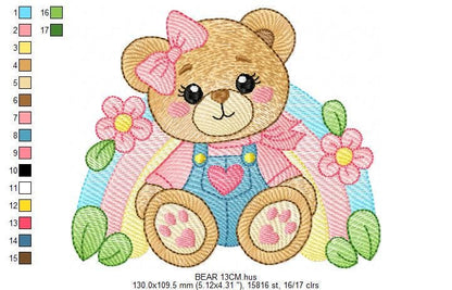 Bear with rainbow and flowers embroidery designs - Female Teddy Bear machine embroidery pattern - Baby Girl file - Instant download pes jef
