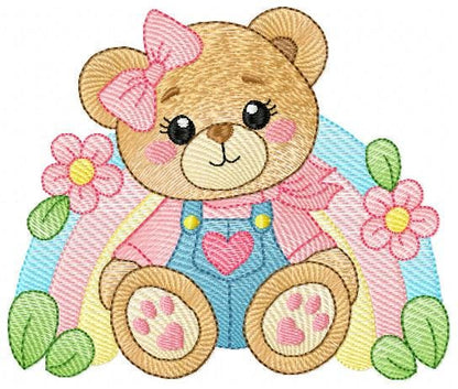 Bear with rainbow and flowers embroidery designs - Female Teddy Bear machine embroidery pattern - Baby Girl file - Instant download pes jef