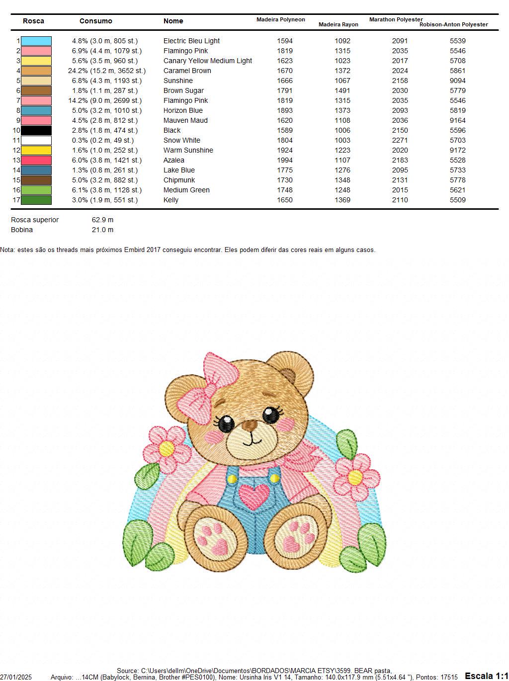 Bear with rainbow and flowers embroidery designs - Female Teddy Bear machine embroidery pattern - Baby Girl file - Instant download pes jef
