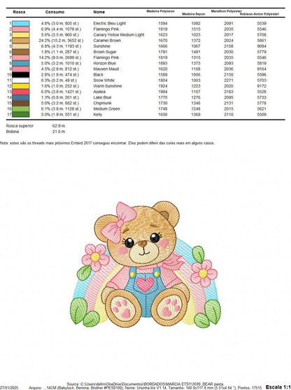 Bear with rainbow and flowers embroidery designs - Female Teddy Bear machine embroidery pattern - Baby Girl file - Instant download pes jef