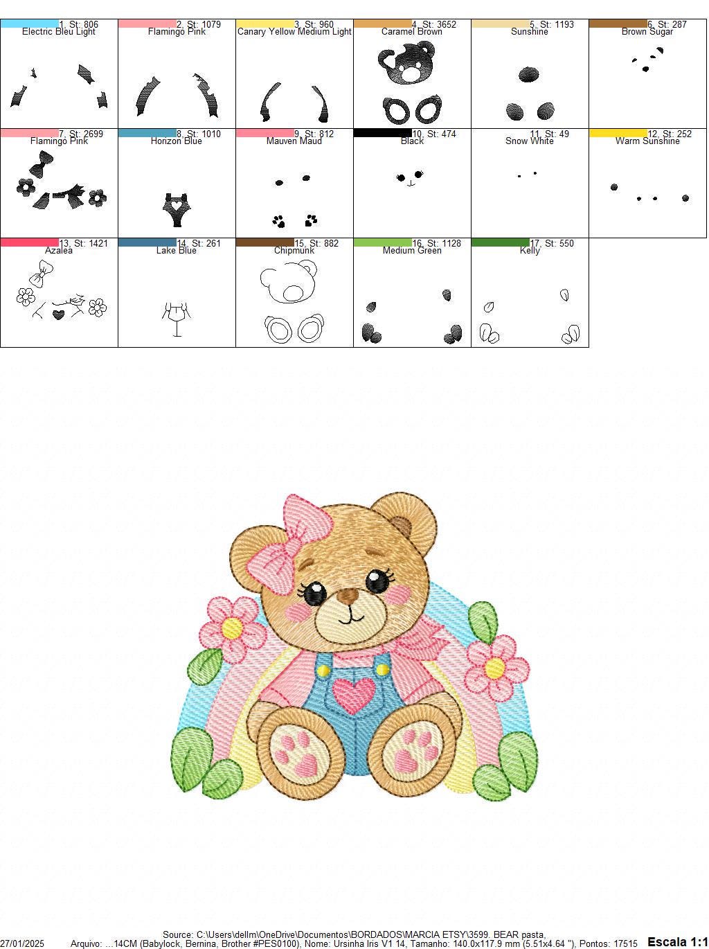 Bear with rainbow and flowers embroidery designs - Female Teddy Bear machine embroidery pattern - Baby Girl file - Instant download pes jef