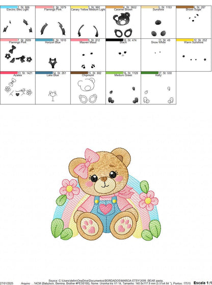 Bear with rainbow and flowers embroidery designs - Female Teddy Bear machine embroidery pattern - Baby Girl file - Instant download pes jef