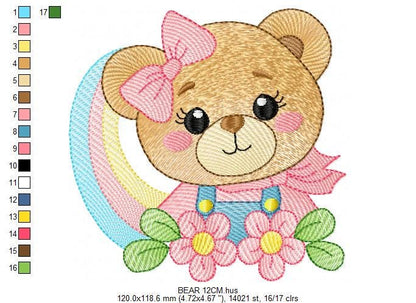 Baby Girl Bear with rainbow embroidery designs - Female Teddy machine embroidery pattern - Instant digital download pes jef dst hus vp3 xxx