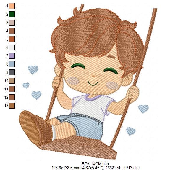 School Boy embroidery designs - Children playing machine embroidery pattern - Boy on swing with hearts file - Instant digital download pes