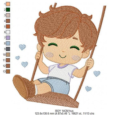 School Boy embroidery designs - Children playing machine embroidery pattern - Boy on swing with hearts file - Instant digital download pes