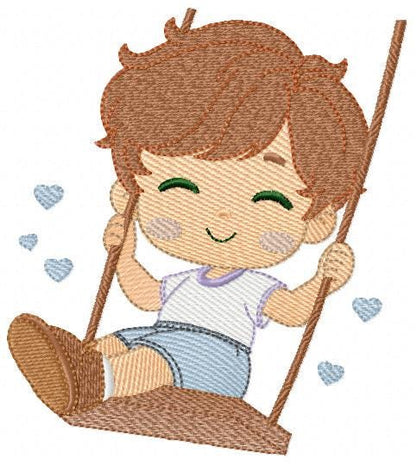 School Boy embroidery designs - Children playing machine embroidery pattern - Boy on swing with hearts file - Instant digital download pes