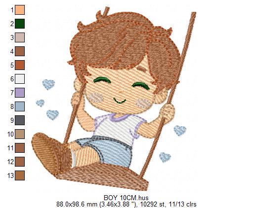 School Boy embroidery designs - Children playing machine embroidery pattern - Boy on swing with hearts file - Instant digital download pes