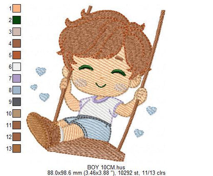 School Boy embroidery designs - Children playing machine embroidery pattern - Boy on swing with hearts file - Instant digital download pes