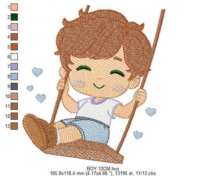 School Boy embroidery designs - Children playing machine embroidery pattern - Boy on swing with hearts file - Instant digital download pes