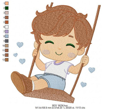 School Boy embroidery designs - Children playing machine embroidery pattern - Boy on swing with hearts file - Instant digital download pes