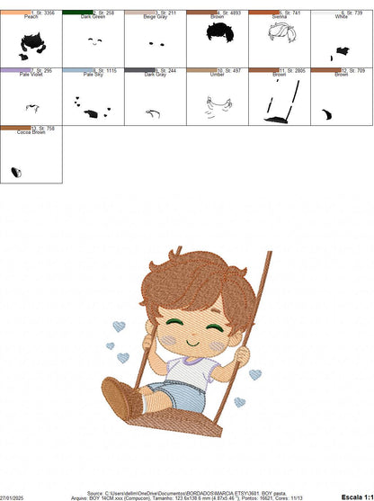 School Boy embroidery designs - Children playing machine embroidery pattern - Boy on swing with hearts file - Instant digital download pes