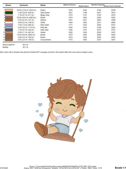 School Boy embroidery designs - Children playing machine embroidery pattern - Boy on swing with hearts file - Instant digital download pes