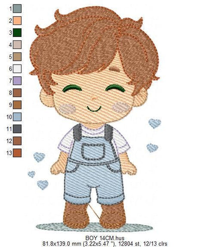 Boy with overall embroidery design - Children machine embroidery pattern - Baby Boy Kid with hearts file - Instant download pes jef dst hus